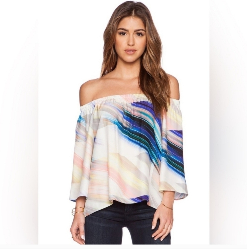 Amanda Uprichard Nirvana Multicolor Whisper Print Off The Shoulder Silk Top Med